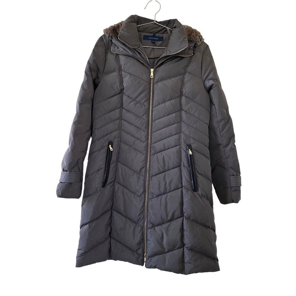 Cole Haan Long Down Puffer Coat Womens M Faux Fur Hood Belted Gray Winter
